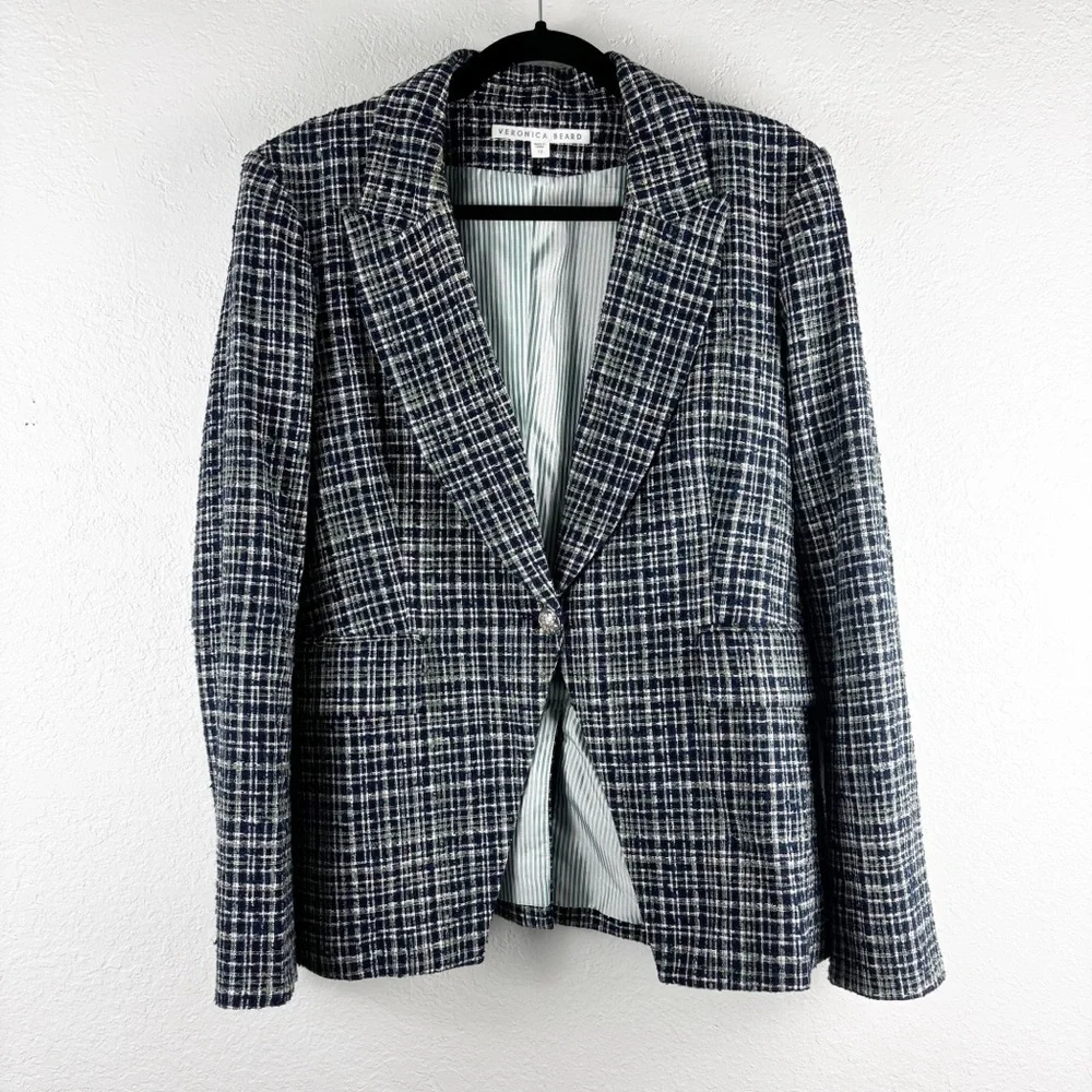 Veronica Beard Ada Cutaway Dickey Blazer Tweed Jacket in Navy Blue Multi Size 12 - Picture 2 of 6